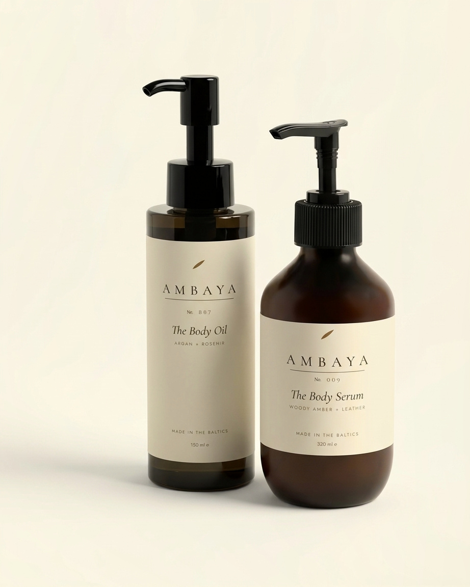 The Body Oil bottle and the larger amber Body Serum pump bottle standing side by side on a cream background.