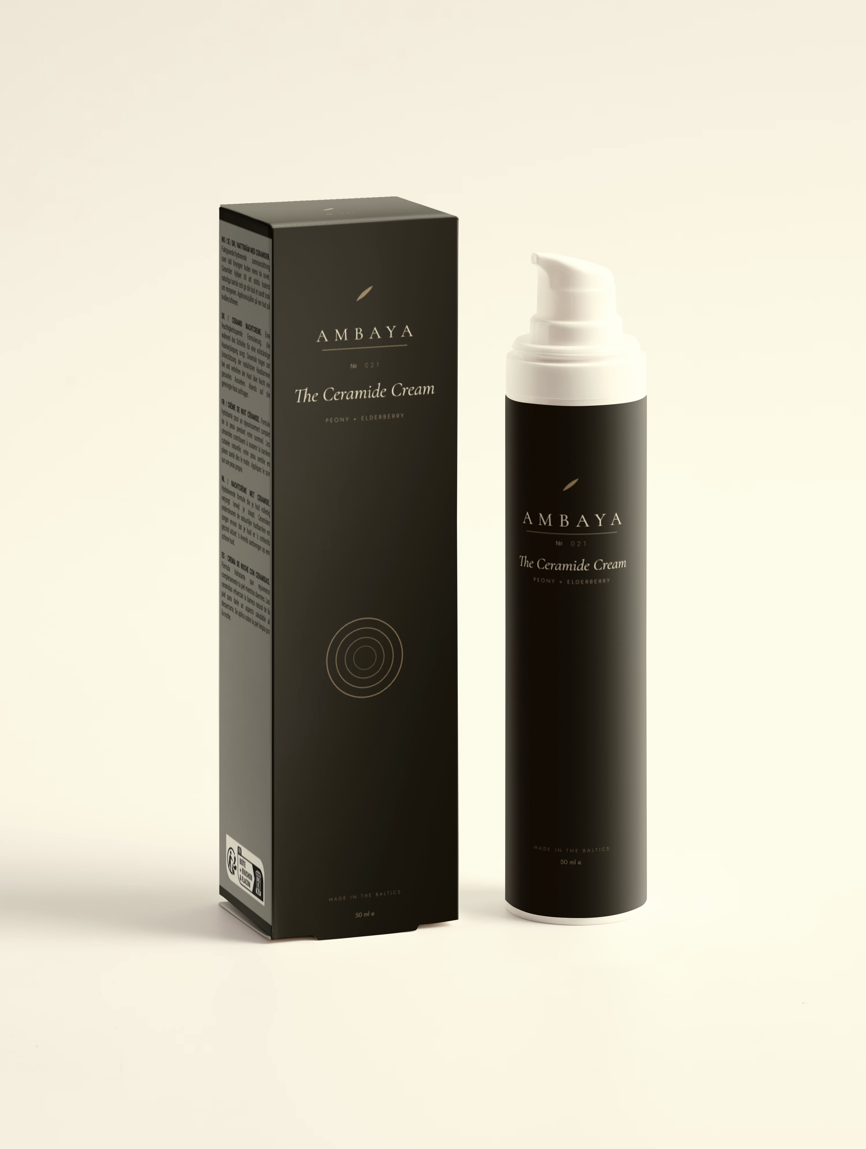 Black carton and airless pump bottle of The Ceramide Cream, 50 ml, with the gold AMBAYA wordmark and leaf mark, on a pale cream background.
