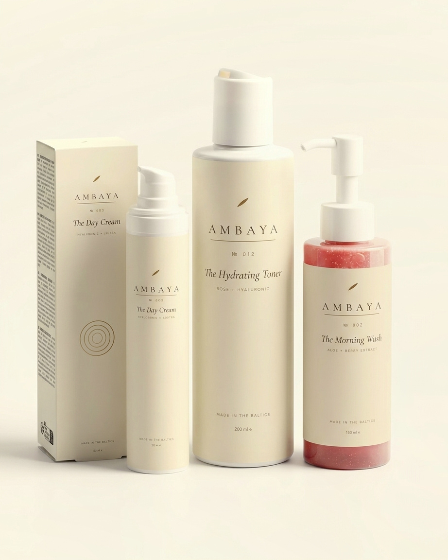 The Day Cream with its carton, the Hydrating Toner and The Morning Wash standing in a row on a cream background.
