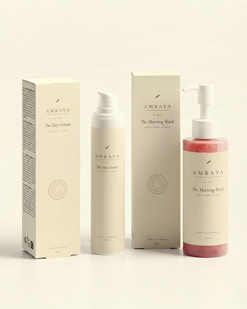 The Day Cream and The Morning Wash with their cartons, on a cream background.