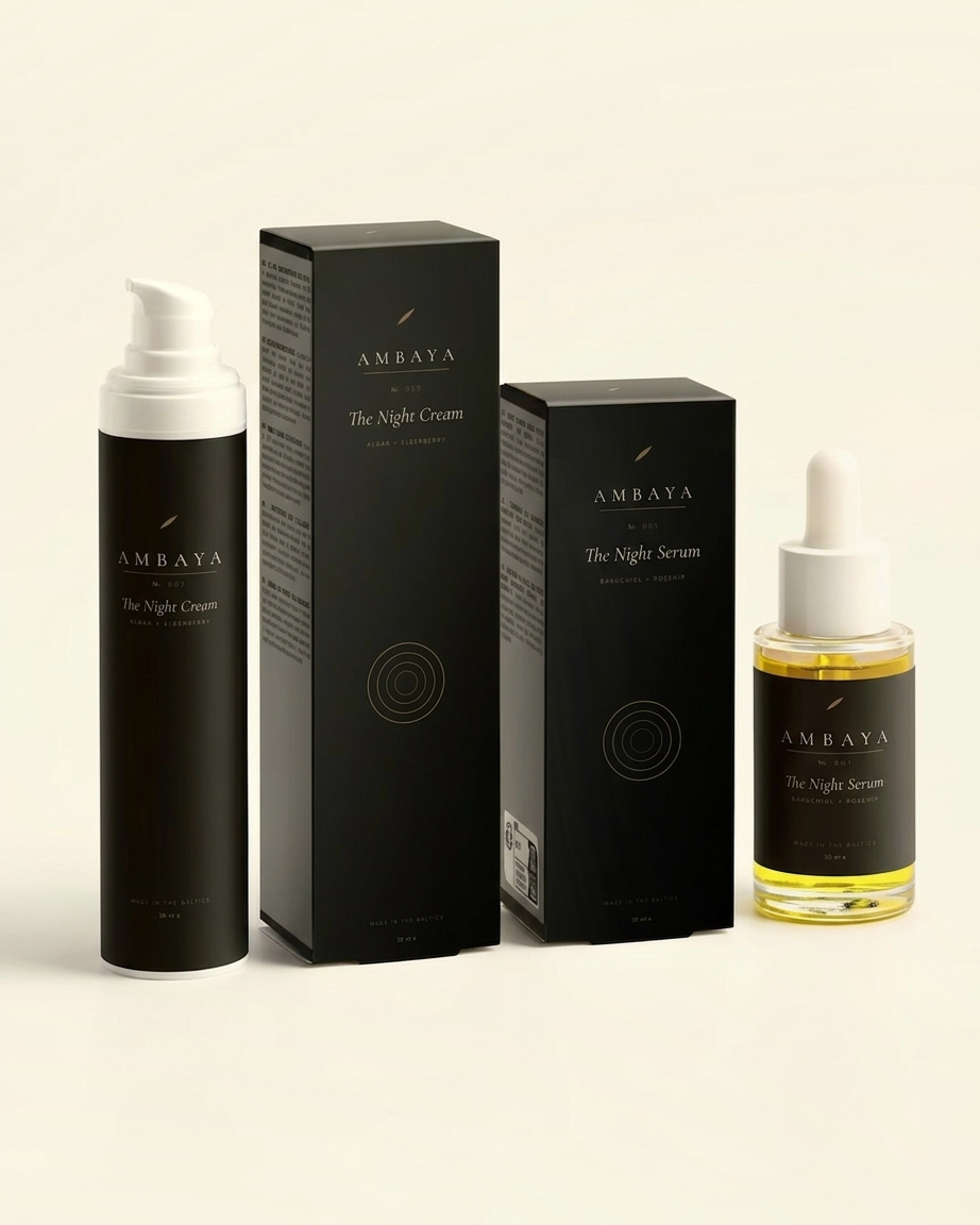 The Night Cream pump bottle and the Night Serum dropper bottle with their black cartons, on a cream background.