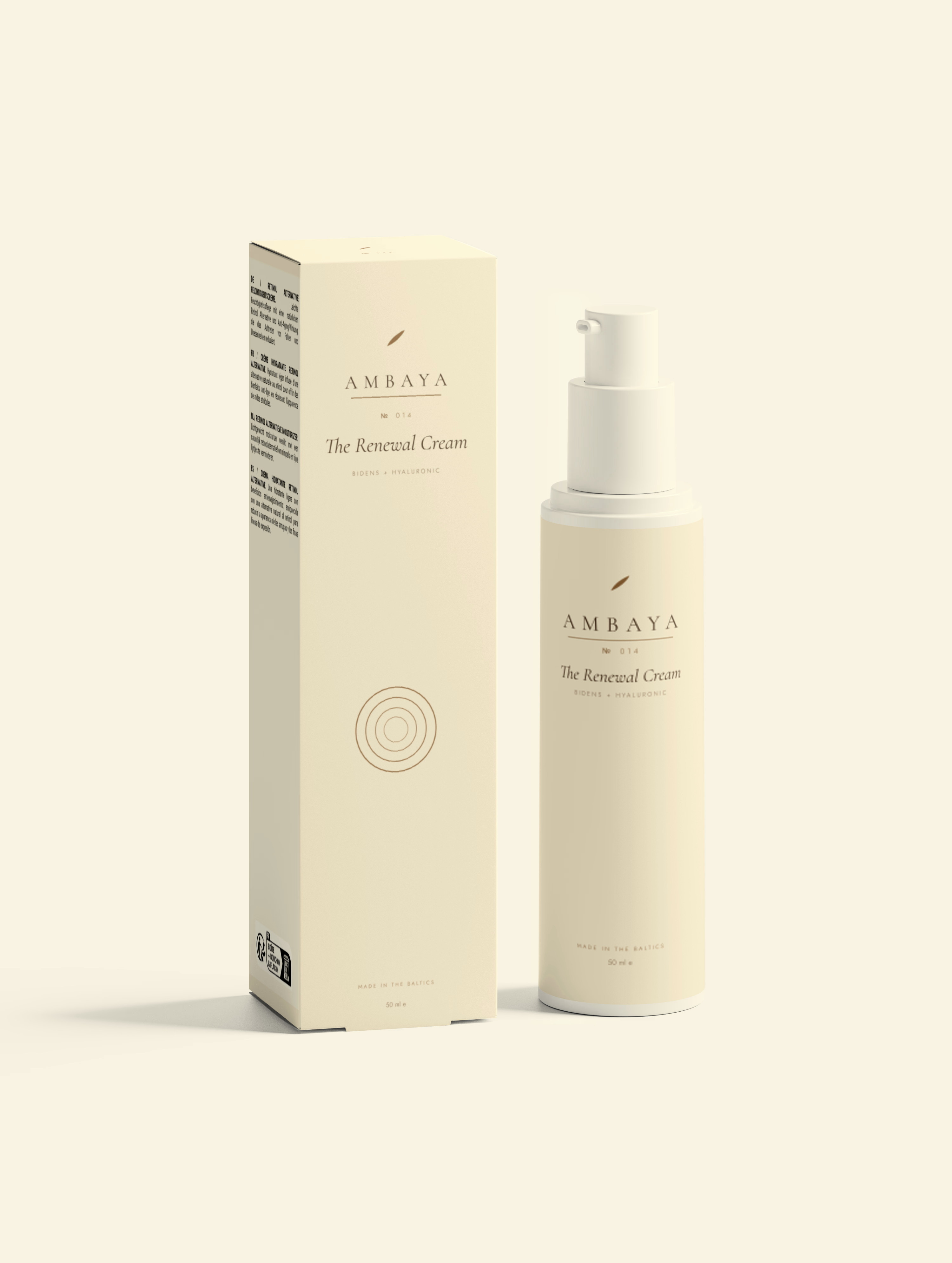 Cream carton and airless pump bottle of The Renewal Cream, 50 ml, with the gold AMBAYA wordmark and leaf mark, on a pale cream background.